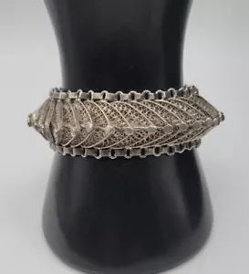 Vintage Mexican Sterling Silver Bracelet 7" Filigree Leaf Panels Unique 77g 925 - Picture 1 of 21