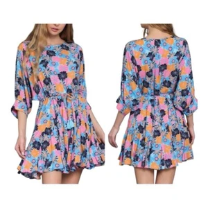 Aakaa Floral Dolman Sleeve Mini Tie Waist Multicolor Swing Dress Women Size XL - Imagen 1 de 11