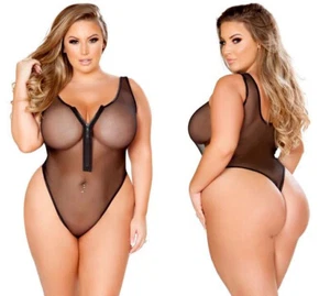 Lencería Sexy Babydoll con Cremallera Negra Talla Grande S-5XL Body Malla Peluches Transparentes - Imagen 1 de 3