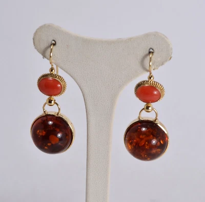 ORECCHINI ARGENTO 925 DORATO AMBRA TONDA 18 mm   E CORALLO ROSSO       AGHT 0891 - Immagine 1 di 4