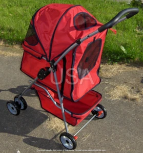 Red 4 Wheel Folding Portable Pet Stroller Cat Dog Travel Carrier with Basket - Picture 1 of 7