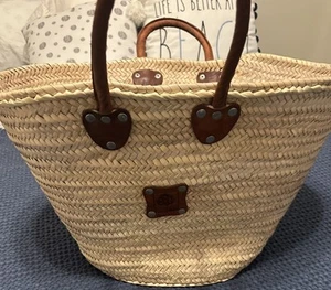 Large Straw French Basket/Tote with Double Leather Handles, Beach Vibes - Picture 1 of 8