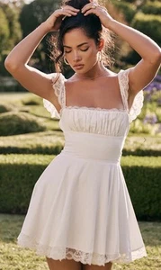 House of CB Dress Sz L Kaia Lace Trim Mini Cream Lace Up Corset Boned Milkmaid - Picture 1 of 24