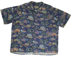 REYN SPOONER Hawaiian Aloha Shirt EDDY Y Vtg Cars Surf Blue Rayon Button Up 2XL - Picture 1 of 7
