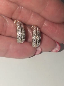 Signed Ross Simons Sterling 925 Two Tone Genuine Diamonds Half Hoop Earrings - Picture 1 of 8