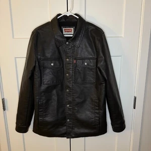 Levi's Men's Black Faux Leather Sherpa Lined Jacket Warm Collared Size Small - Picture 1 of 11
