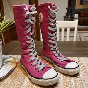 Rare! VTG Converse All Star Knee High Glitter Boots Pink Lace Girls Size Youth 1 - Picture 1 of 12