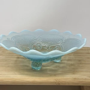 Northwood Lattice Medallions Blue Opalescent Glass Three Footed Bowl Vintage - Picture 1 of 6