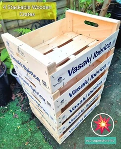 4 cajas apilables de madera para almacenamiento manzana fruta madera lisa cesta artesanal - Imagen 1 de 5