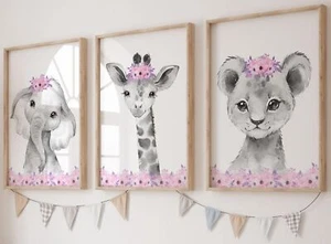 Safari Animals Baby Girls Nursery Set of 3 Unframed Wall Art Prints Gray Baby... - Picture 1 of 7