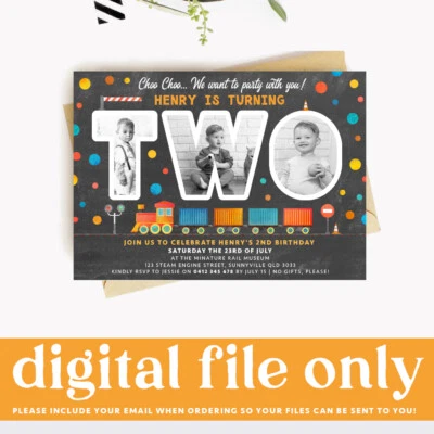 Printable Boy's Train Themed Birthday Invitation, Transport Photo Digital Invite - Imagem 1 de 3
