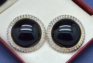 Vintage Earrings NINA RICCI 1980s Glamorous Large Crystal & Black Glass Goldtone - Picture 1 of 9