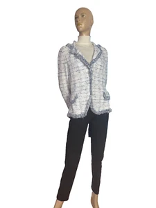 Tweed Bouclè Blazer Bruno Manetti White Blue Cotton Viscose Fringe Classy 38 40 - Picture 1 of 12