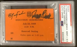 Boleto firmado Johnny Bench 1989 béisbol de la corte inducción Carl Yastrzemski PSA/ADN - Imagen 1 de 4