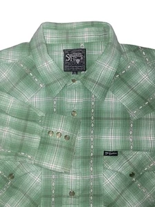 Southern Thread Western Shirt Mens Large Pearl Snap L/S Green W/White Diamonds - Picture 1 of 6