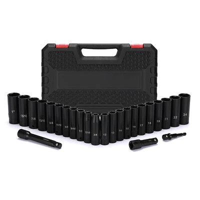 5PCS 1/2" Drive Impact Socket Set Deep Cr-V Steel 6Point Metric&SAE 12mm to 24mm - Image 1 of 4