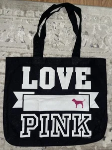 VICTORIA'S SECRET PINK - LOVE PINK DOG iconica borsa tote in tela nera grande L - Foto 1 di 8