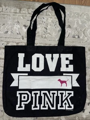VICTORIA'S SECRET PINK - LOVE PINK DOG Iconic Black Canvas Tote Bag Large L - Image 1 of 4