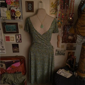 Y2K Faux Wrap Geometric Print Midi Dress Women's 12 Large Green Black V-Neck - Picture 1 of 5