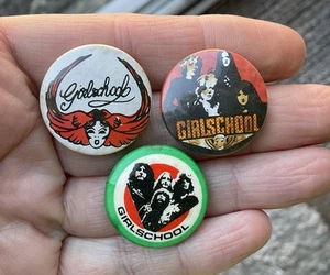 Vintage Girlschool Tin Metal Pin badges X4 rock musicBand Motorhead Curio - Picture 1 of 5