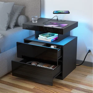 LED Nightstand with Wireless Charging Station Modern Nightstand Type C USB Port - Picture 1 of 9