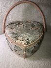 Vintage Heart Shaped Sewing Basket Floral Upholstered, Straw Trim/Handle Pink