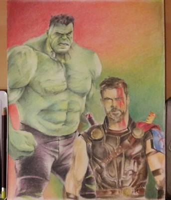 Original dibujo a lápiz color 11x14 de Thor y Hulk hecho por ARTuro Foto 1 de 3