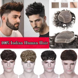 FULL Poly PU LACE Mens Toupee Hairpiece Remy Human Hair Wig Replacement System - Picture 1 of 18