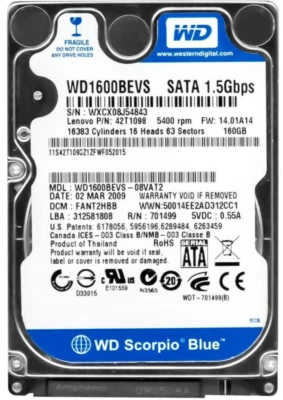 Hard Drive WD Blue Scorpio WD1600BEVS 160GB 5400RPM SATA II 8MB 2.5'' Inch - Image 1 of 3
