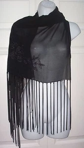 Women's Wide Shawl Wrap Neck Scarf Black Sheer Fringed Embroidery Flowers New   - Picture 1 of 9