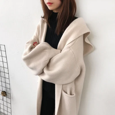 Korean X-Long Hooded Sweater Cardigan Oversize Knitted Overcoat Double Pocket - Image 1 of 4