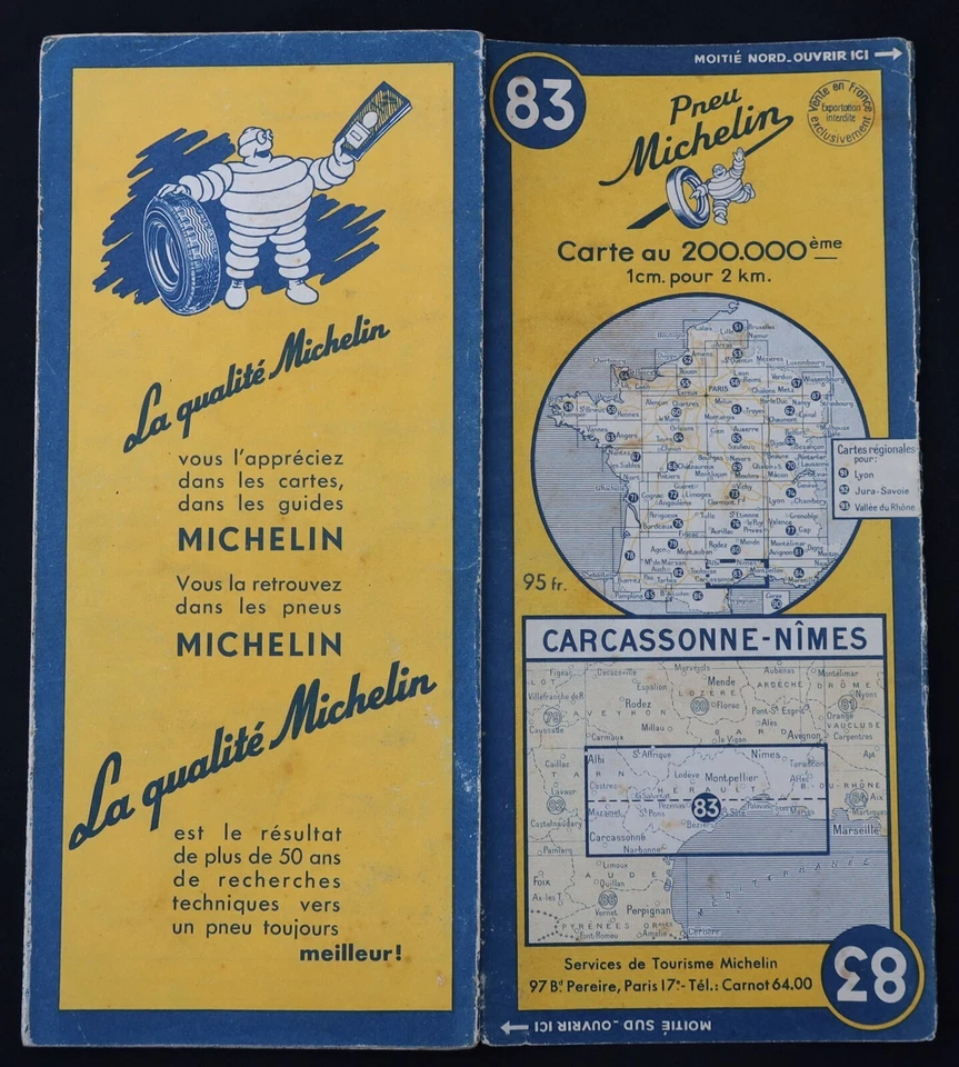 Tarjeta MICHELIN mapa antiguo 1951 n.o 83 CARCASSONE NIMES Guía Bibendum neum... - Imagen 1 de 1