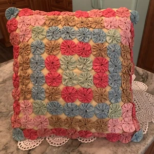 Vintage YO-YO Quilt Pillow Spring Easter Pastel Colors Muted Satin Shimmer 14” - Picture 1 of 9