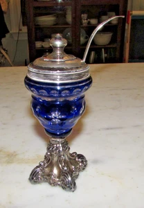 Antiker deutscher Senftopf 900 Sterlingsilber & Kobaltblau Böhmisches Glas - Bild 1 von 15