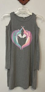 Fab Kids Girls 12 XL Gray Unicorn Cold-Shoulder Knee-Length Pullover Dress A1697 - Picture 1 of 7