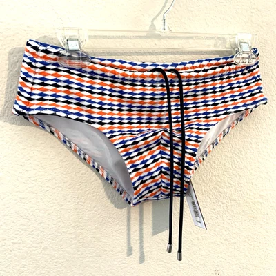 Nuevo calzoncillo de natación Mr. Turk para hombre pequeño geométrico negro azul naranja Foto 1 de 4