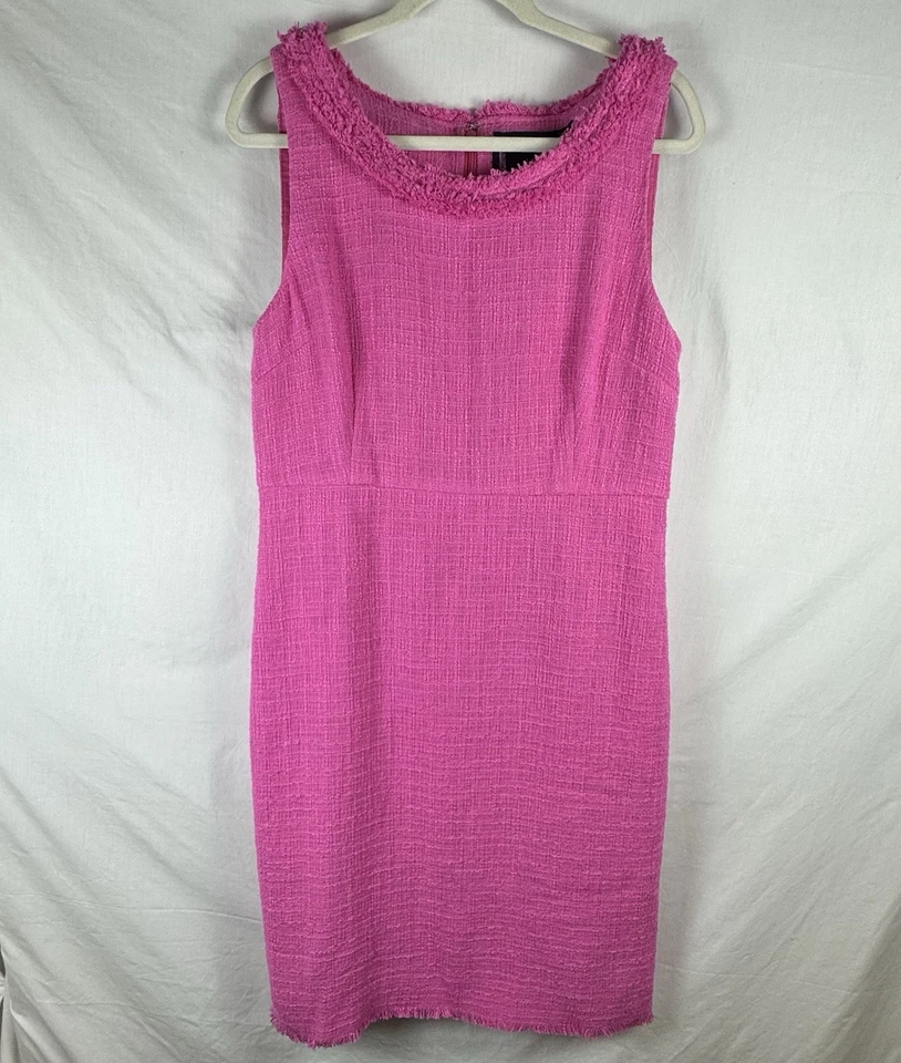 J. Crew Pink Tweed Sheath Dress, Size 12, NWOT, Fringe Collar & Hem - Image 1 of 4