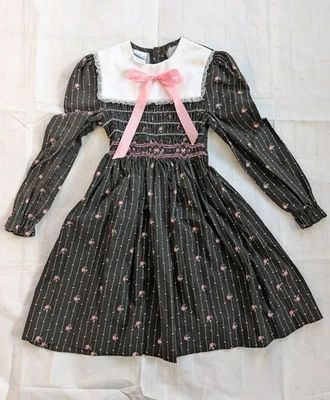 Vestido vintage Polly Flinders ajustado niñas talla 8, negro con flores rosas Foto 1 de 4