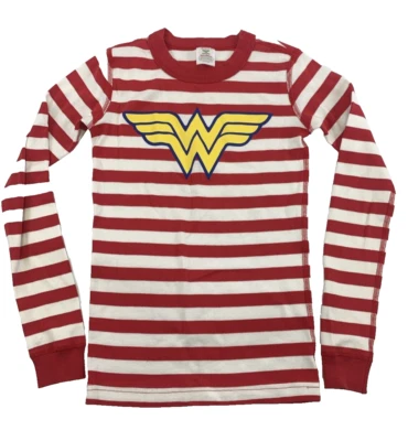 Hanna Andersson Wonder Woman Pajama Top Long Sleeve Red White Striped Girls 140  - Изображение 1 из 4