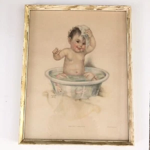 Vtg Print SMILING THROUGH Bathing Baby Charlotte Becker Framed Lithograph Art - Picture 1 of 9