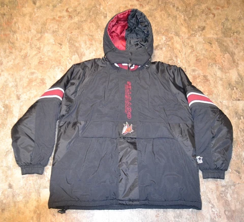 Vintage Starter NHL Winter Jacket Hooded Parka Phoenix Coyotes Size XL Black Cover