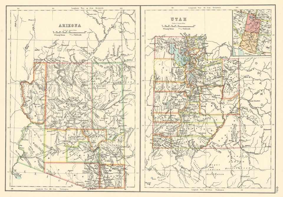 Mapas del estado de Arizona y Utah que muestran condados. BARTHOLOMEW 1898 antiguo antiguo Foto 1 de 1