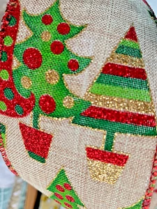 Christmas Tree Land 2.5" by 5 yd Natural Wired Red Gold Glitter Whymsical Rustic - Picture 1 of 9