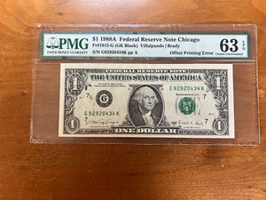 1988 A $1 F R Note Chicago PMG 63 EPQ Matte Printing Back to Front Error - Picture 1 of 7