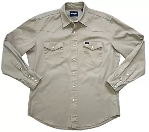 WRANGLER Pearl Snap Shirt Size LARGE Khaki Brushpopper Western Passe Cowboy Rodeo - Bild 1 von 9