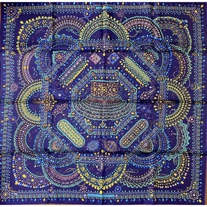 Hermes Scarf Parures des Maharajas 90 cm Silk blue Carre jewelery ornament 35" - Picture 1 of 2