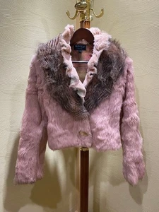 GRINVEST Pink Rabbit Fur Short Jacket Coat Ruffled Collar Made in Italy S - Picture 1 of 24