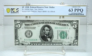 1928 $5 Federal Reserve Bank Note Dallas Fr.1950-K PCGS 63 PPQ #8826 - Picture 1 of 2
