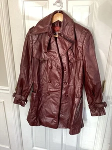 VINTAGE 70's Etienne Aigner Size 14 Oxblood Leather Trench Coat WOMENS - Picture 1 of 5