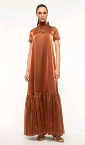 NUEVO CON ETIQUETAS STAUD Calluna Maxi Vestido de Organza Cuello Alto Atado Espalda Iridiscente Cacao M - Imagen 1 de 3